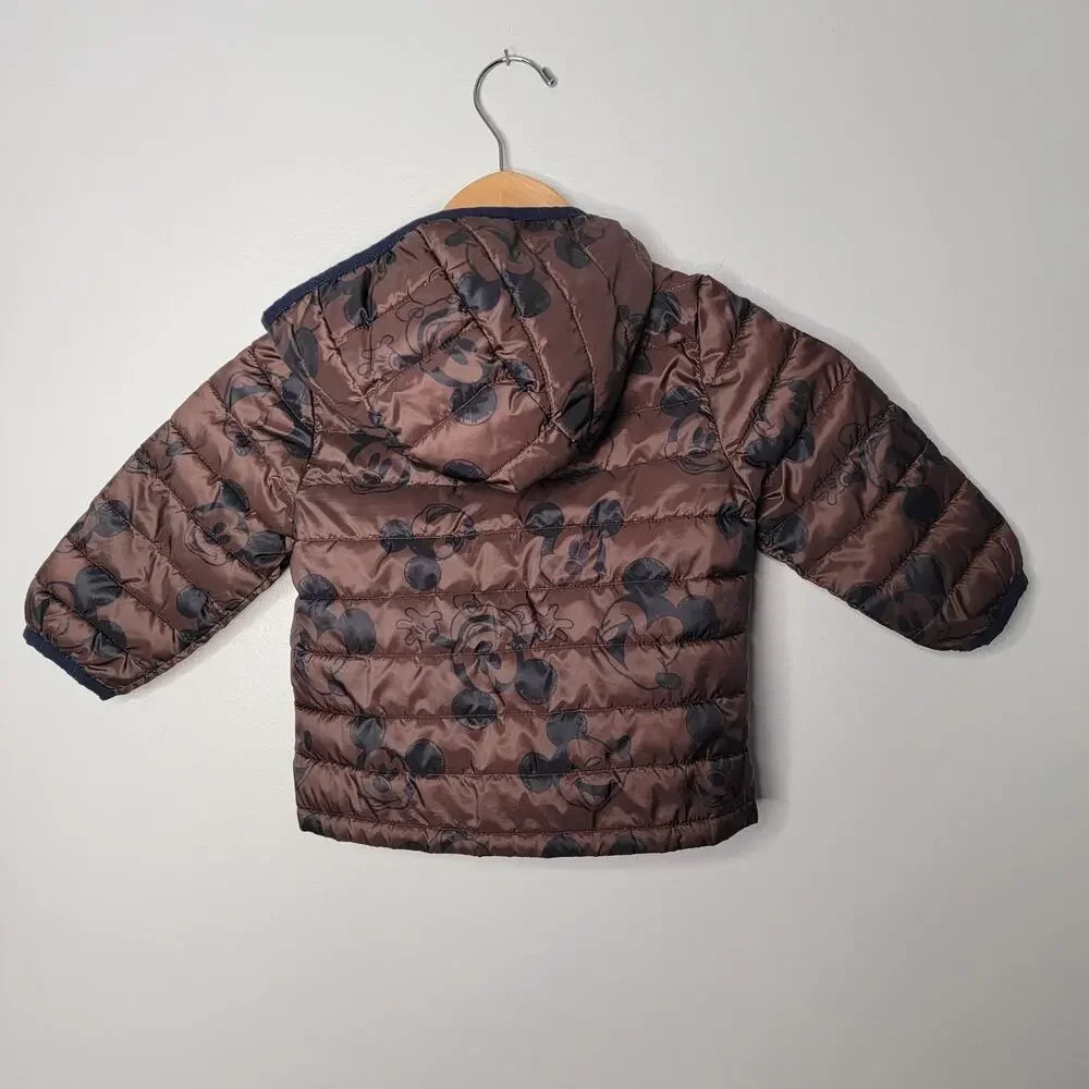 Gap Baby Puffer Jacket Disney Mickey Mouse Thin Sz 18-24 Brown Winter Outerwear